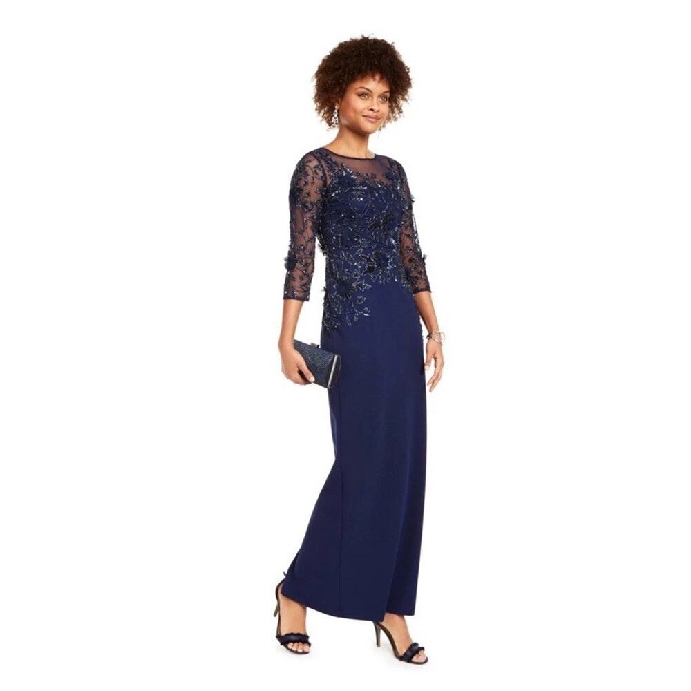 Adrianna Papell NWT Womens Sequined Illusion-Yoke Column Gown Dress Navy Size 8